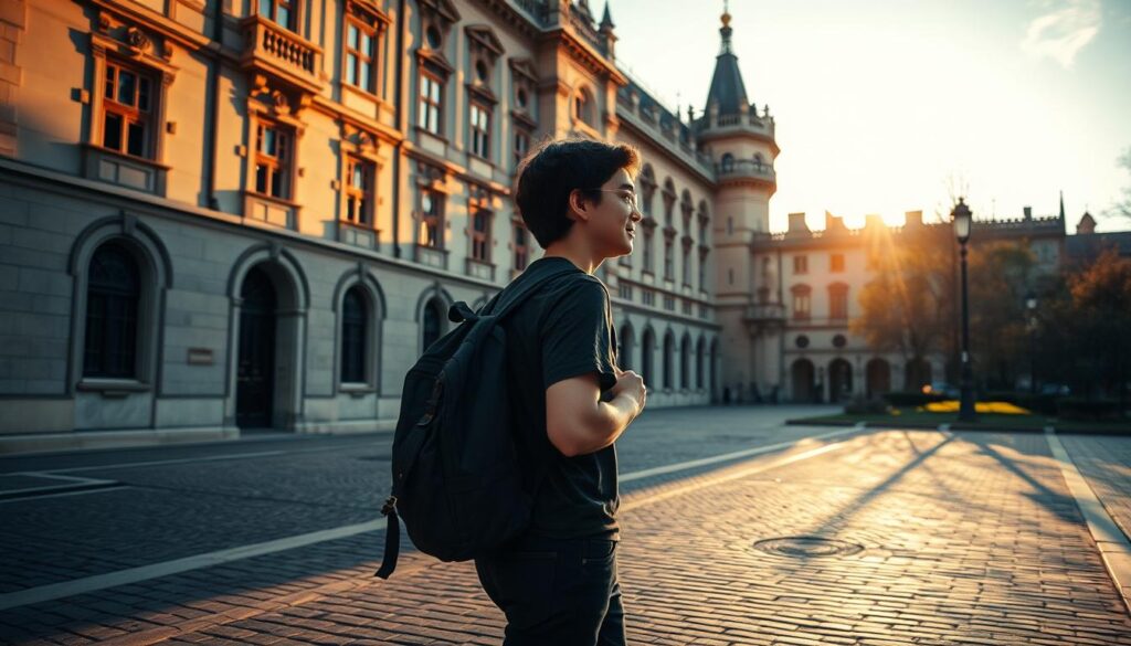 A study abroad scenario featuring a young student walking through an ornate European university campus, with a medieval-style building in the background. The student is carrying a backpack and appears to be in deep thought, reflecting on their international educational experience. The scene is bathed in warm, golden-hour lighting, casting long shadows across the cobblestone paths. The composition emphasizes the sense of exploration, intellectual discovery, and personal growth associated with study abroad programs. The image conveys a mood of wonder, introspection, and the transformative potential of global educational opportunities. A study abroad scenario featuring a young student walking through an ornate European university campus, with a medieval-style building in the background. The student is carrying a backpack and appears to be in deep thought, reflecting on their international educational experience. The scene is bathed in warm, golden-hour lighting, casting long shadows across the cobblestone paths. The composition emphasizes the sense of exploration, intellectual discovery, and personal growth associated with study abroad programs. The image conveys a mood of wonder, introspection, and the transformative potential of global educational opportunities.