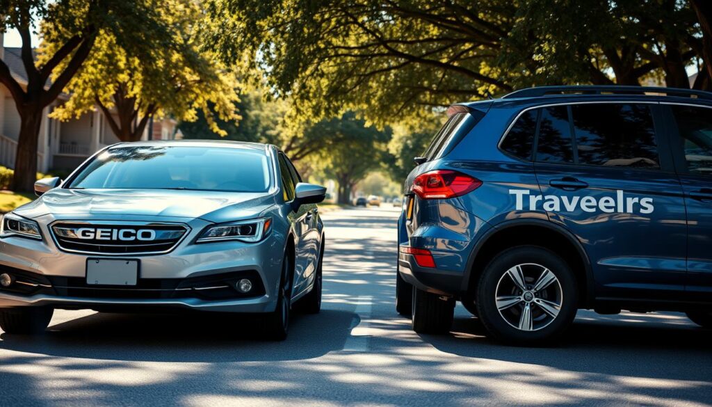 A sun-dappled suburban street, two parked cars side by side - a sleek silver GEICO sedan and a sturdy blue Travelers SUV. Shadows cast by swaying trees create a warm, contemplative atmosphere. The cars are positioned to suggest a silent competition, their contrasting styles and sizes hinting at the differences in coverage and cost. Crisp photorealistic details capture the gleaming chrome trim, supple leather interiors, and the distinctive branding on each vehicle. The perspective is slightly elevated, inviting the viewer to assess the options from an impartial vantage point. This visual juxtaposition aims to capture the essence of the Travelers vs. GEICO comparison, setting the stage for the reader's informed decision-making process. A sun-dappled suburban street, two parked cars side by side - a sleek silver GEICO sedan and a sturdy blue Travelers SUV. Shadows cast by swaying trees create a warm, contemplative atmosphere. The cars are positioned to suggest a silent competition, their contrasting styles and sizes hinting at the differences in coverage and cost. Crisp photorealistic details capture the gleaming chrome trim, supple leather interiors, and the distinctive branding on each vehicle. The perspective is slightly elevated, inviting the viewer to assess the options from an impartial vantage point. This visual juxtaposition aims to capture the essence of the Travelers vs. GEICO comparison, setting the stage for the reader's informed decision-making process.