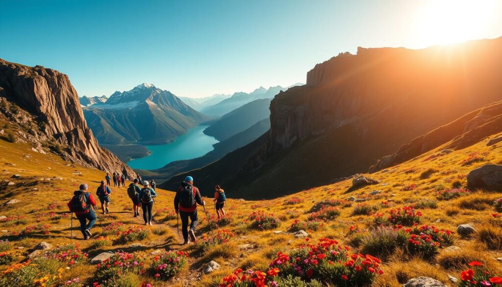 A sun-drenched alpine meadow, dotted with vibrant wildflowers. In the foreground, a group of hikers navigating a winding trail, backpacks on their shoulders and walking poles in hand. In the middle ground, a group of rock climbers scaling a rugged cliff face, their carabiners and ropes glinting in the warm light. In the distance, a pristine lake surrounded by towering, snow-capped peaks, bathed in a soft, golden glow. The scene exudes a sense of adventure, exploration, and the thrill of pushing one's boundaries in the great outdoors. A sun-drenched alpine meadow, dotted with vibrant wildflowers. In the foreground, a group of hikers navigating a winding trail, backpacks on their shoulders and walking poles in hand. In the middle ground, a group of rock climbers scaling a rugged cliff face, their carabiners and ropes glinting in the warm light. In the distance, a pristine lake surrounded by towering, snow-capped peaks, bathed in a soft, golden glow. The scene exudes a sense of adventure, exploration, and the thrill of pushing one's boundaries in the great outdoors.
