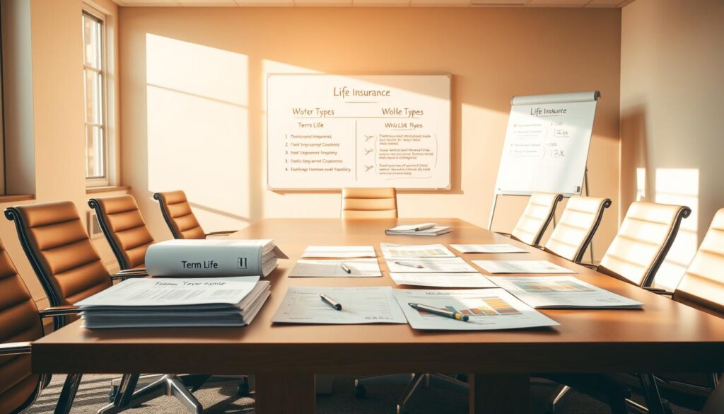 A sunlit conference room with a large table, chairs, and a whiteboard. On the table, various documents, charts, and folders depict different life insurance cover types, from term life to whole life policies. The lighting is warm and inviting, creating a sense of professionalism and thoughtful discussion. The whiteboard in the background displays key features and comparisons of the cover types, helping to illustrate the topic of building long-term value without cash value policies. The overall atmosphere conveys a collaborative, informative setting where insurance experts can analyze and explain the nuances of life insurance options. A sunlit conference room with a large table, chairs, and a whiteboard. On the table, various documents, charts, and folders depict different life insurance cover types, from term life to whole life policies. The lighting is warm and inviting, creating a sense of professionalism and thoughtful discussion. The whiteboard in the background displays key features and comparisons of the cover types, helping to illustrate the topic of building long-term value without cash value policies. The overall atmosphere conveys a collaborative, informative setting where insurance experts can analyze and explain the nuances of life insurance options.