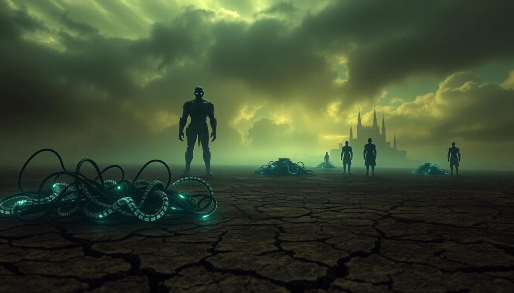 A sweeping, dystopian landscape depicting the evolving cyber threats facing small businesses. In the foreground, a tangle of ominous digital tendrils and dark, glowing code snakes across a cracked, barren earth. In the middle ground, towering, shadowy figures representing malicious actors loom over a cluster of small, vulnerable structures - the silhouettes of small businesses. The background is shrouded in an eerie, ominous haze, with a dim, foreboding sky overhead, hinting at the scale and severity of the digital dangers that lurk. The scene is lit by an ominous, flickering digital glow, creating a sense of unease and impending doom. Captured with a wide, cinematic lens to emphasize the vastness and gravity of the threat landscape. A sweeping, dystopian landscape depicting the evolving cyber threats facing small businesses. In the foreground, a tangle of ominous digital tendrils and dark, glowing code snakes across a cracked, barren earth. In the middle ground, towering, shadowy figures representing malicious actors loom over a cluster of small, vulnerable structures - the silhouettes of small businesses. The background is shrouded in an eerie, ominous haze, with a dim, foreboding sky overhead, hinting at the scale and severity of the digital dangers that lurk. The scene is lit by an ominous, flickering digital glow, creating a sense of unease and impending doom. Captured with a wide, cinematic lens to emphasize the vastness and gravity of the threat landscape.