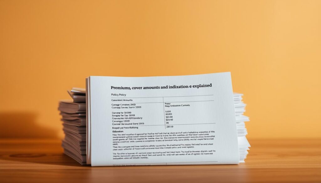 A thoughtful arrangement of stacked insurance policy documents, meticulously organized against a warm, neutral-toned background. The foreground showcases the policy details in crisp clarity, highlighting the premium amounts, coverage levels, and indexation features. The middle ground features a subtle, abstract pattern, complementing the formal document design. The background is softly blurred, creating a sense of depth and focus on the core subject matter. Warm, directional lighting casts gentle shadows, conveying a sense of professionalism and reliability. The overall composition strikes a balance between informative detail and aesthetic appeal, reflecting the practical nature of the "Premiums, cover amounts and indexation explained" section. A thoughtful arrangement of stacked insurance policy documents, meticulously organized against a warm, neutral-toned background. The foreground showcases the policy details in crisp clarity, highlighting the premium amounts, coverage levels, and indexation features. The middle ground features a subtle, abstract pattern, complementing the formal document design. The background is softly blurred, creating a sense of depth and focus on the core subject matter. Warm, directional lighting casts gentle shadows, conveying a sense of professionalism and reliability. The overall composition strikes a balance between informative detail and aesthetic appeal, reflecting the practical nature of the "Premiums, cover amounts and indexation explained" section.
