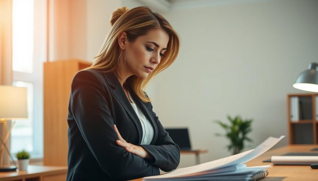 A thoughtful woman standing in a well-lit office, pondering over documents and calculations on her desk, representing the important decision of choosing the right life insurance coverage. The scene is framed with a warm, professional atmosphere, conveying a sense of security and financial planning. The lighting is soft, creating a serene ambiance, and the camera angle is slightly elevated, giving a sense of authority and contemplation. The woman's expression is one of focused consideration, as she carefully weighs her options to protect her financial future. A thoughtful woman standing in a well-lit office, pondering over documents and calculations on her desk, representing the important decision of choosing the right life insurance coverage. The scene is framed with a warm, professional atmosphere, conveying a sense of security and financial planning. The lighting is soft, creating a serene ambiance, and the camera angle is slightly elevated, giving a sense of authority and contemplation. The woman's expression is one of focused consideration, as she carefully weighs her options to protect her financial future.