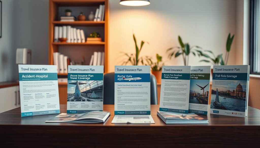 A tranquil office space with a wooden desk showcasing various travel insurance plan brochures, meticulously arranged in an inviting display. Soft, warm lighting illuminates the scene, creating a sense of trust and professionalism. The brochures feature clear, concise information, and their covers depict reassuring imagery related to accident, hospital, and travel coverage. In the background, a bookshelves and potted plants lend an air of expertise and reliability, while the overall composition conveys a sense of informed decision-making for the prospective traveler. A tranquil office space with a wooden desk showcasing various travel insurance plan brochures, meticulously arranged in an inviting display. Soft, warm lighting illuminates the scene, creating a sense of trust and professionalism. The brochures feature clear, concise information, and their covers depict reassuring imagery related to accident, hospital, and travel coverage. In the background, a bookshelves and potted plants lend an air of expertise and reliability, while the overall composition conveys a sense of informed decision-making for the prospective traveler.