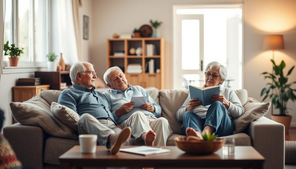 A tranquil scene of a senior couple relaxing at home, surrounded by the comforts of everyday life. In the foreground, they sit together on a plush sofa, engrossed in a leisurely activity like reading or conversation. Soft, natural lighting filters through the window, casting a warm glow over the room. The middle ground features familiar household items - a coffee table, a bookshelf, a potted plant - creating a cozy, lived-in atmosphere. The background opens up to reveal a serene, uncluttered space, hinting at the freedom and independence of a life without the hassle of medical exams. The overall mood is one of calm contentment, reflecting the ease and simplicity of a senior's no-exam life. A tranquil scene of a senior couple relaxing at home, surrounded by the comforts of everyday life. In the foreground, they sit together on a plush sofa, engrossed in a leisurely activity like reading or conversation. Soft, natural lighting filters through the window, casting a warm glow over the room. The middle ground features familiar household items - a coffee table, a bookshelf, a potted plant - creating a cozy, lived-in atmosphere. The background opens up to reveal a serene, uncluttered space, hinting at the freedom and independence of a life without the hassle of medical exams. The overall mood is one of calm contentment, reflecting the ease and simplicity of a senior's no-exam life.