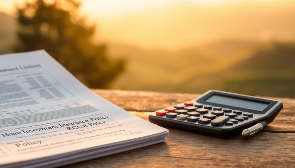 A tranquil scene of an investment-linked insurance policy, illuminated by soft, golden light. In the foreground, a stack of documents, carefully organized, representing the policy details and associated costs. In the middle ground, a calculator and a pen, symbolizing the need to meticulously calculate the potential returns and fees. The background features a serene landscape, with rolling hills and a calming sky, suggesting the long-term nature of the investment-linked policy and the importance of setting realistic expectations. A tranquil scene of an investment-linked insurance policy, illuminated by soft, golden light. In the foreground, a stack of documents, carefully organized, representing the policy details and associated costs. In the middle ground, a calculator and a pen, symbolizing the need to meticulously calculate the potential returns and fees. The background features a serene landscape, with rolling hills and a calming sky, suggesting the long-term nature of the investment-linked policy and the importance of setting realistic expectations.