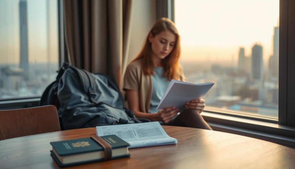 A tranquil, student-friendly scene of travel insurance. In the foreground, a backpack and passport sit on a wooden table, signifying the essential items for a trip. The middle ground features a young person in a casual outfit, reviewing travel documents with a serene expression. In the background, a window overlooking a city skyline, bathed in warm, golden-hour lighting, conveys a sense of adventure and exploration. The overall mood is one of preparedness, comfort, and excitement for the journey ahead. A tranquil, student-friendly scene of travel insurance. In the foreground, a backpack and passport sit on a wooden table, signifying the essential items for a trip. The middle ground features a young person in a casual outfit, reviewing travel documents with a serene expression. In the background, a window overlooking a city skyline, bathed in warm, golden-hour lighting, conveys a sense of adventure and exploration. The overall mood is one of preparedness, comfort, and excitement for the journey ahead.