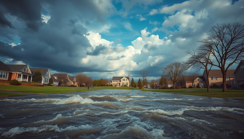 A vast expanse of a suburban neighborhood, with a serene, sun-dappled street in the foreground. Suddenly, the scene is disrupted by a rush of swirling floodwaters, surging through the lawns and streets. In the middle ground, a two-story house stands resolute, its windows reflecting the azure sky above. Dramatic clouds loom overhead, hinting at the power of the unseen storm. In the background, a row of trees sway gently, their branches casting long shadows across the scene. The overall mood is one of tension and uncertainty, underscoring the importance of flood insurance for homeowners. A vast expanse of a suburban neighborhood, with a serene, sun-dappled street in the foreground. Suddenly, the scene is disrupted by a rush of swirling floodwaters, surging through the lawns and streets. In the middle ground, a two-story house stands resolute, its windows reflecting the azure sky above. Dramatic clouds loom overhead, hinting at the power of the unseen storm. In the background, a row of trees sway gently, their branches casting long shadows across the scene. The overall mood is one of tension and uncertainty, underscoring the importance of flood insurance for homeowners.