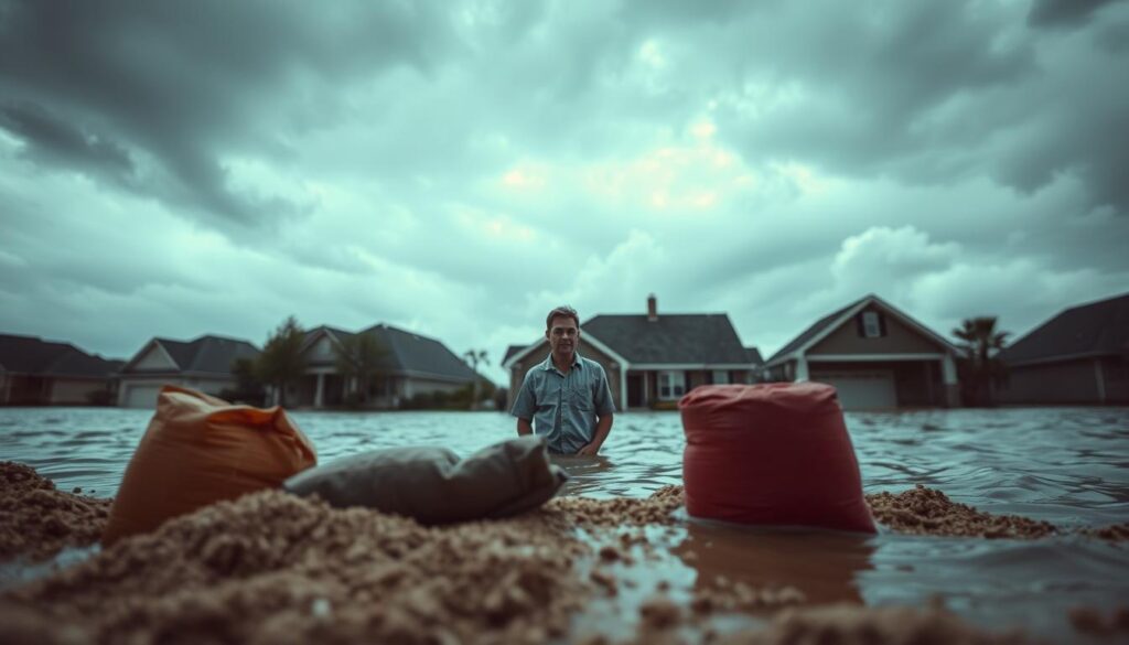 A vast expanse of water, rising rapidly, threatens a suburban home. In the foreground, sandbags and tarps create a makeshift barrier against the encroaching flood. The middle ground reveals a worried homeowner surveying the situation, their expression etched with concern. In the background, a cloudy sky casts a somber tone, highlighting the urgency of the situation. The scene is lit by a mix of natural and artificial lighting, creating a sense of drama and tension. The camera angle is low, emphasizing the scale and power of the floodwaters. This image conveys the importance of comprehensive homeowners coverage to protect against the unexpected and devastating impact of floods. A vast expanse of water, rising rapidly, threatens a suburban home. In the foreground, sandbags and tarps create a makeshift barrier against the encroaching flood. The middle ground reveals a worried homeowner surveying the situation, their expression etched with concern. In the background, a cloudy sky casts a somber tone, highlighting the urgency of the situation. The scene is lit by a mix of natural and artificial lighting, creating a sense of drama and tension. The camera angle is low, emphasizing the scale and power of the floodwaters. This image conveys the importance of comprehensive homeowners coverage to protect against the unexpected and devastating impact of floods.