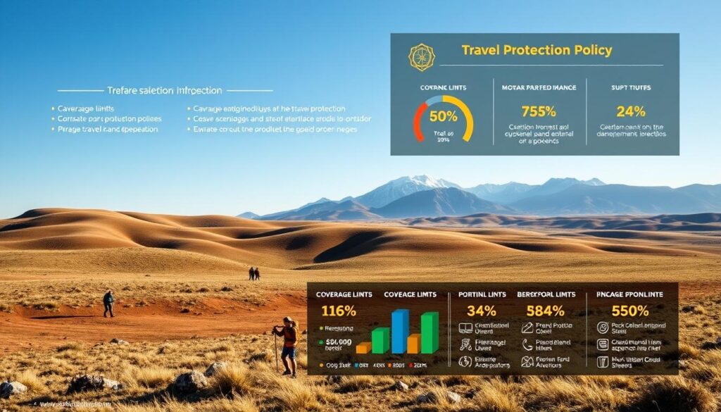 A vast, open landscape with rolling hills and a clear blue sky. In the foreground, a well-designed infographic depicting various coverage limits, costs, and benchmarks for a travel protection policy. The infographic features clean, modern typography and vibrant, but muted color palettes to convey a sense of professionalism and reliability. The middle ground showcases a group of hikers, rock climbers, and adventurers, conveying the target audience for this travel protection service. The background features a majestic mountain range, symbolizing the thrilling and rugged outdoor experiences the policy aims to safeguard. The overall scene is bathed in soft, natural lighting, creating a calming and trustworthy atmosphere. A vast, open landscape with rolling hills and a clear blue sky. In the foreground, a well-designed infographic depicting various coverage limits, costs, and benchmarks for a travel protection policy. The infographic features clean, modern typography and vibrant, but muted color palettes to convey a sense of professionalism and reliability. The middle ground showcases a group of hikers, rock climbers, and adventurers, conveying the target audience for this travel protection service. The background features a majestic mountain range, symbolizing the thrilling and rugged outdoor experiences the policy aims to safeguard. The overall scene is bathed in soft, natural lighting, creating a calming and trustworthy atmosphere.