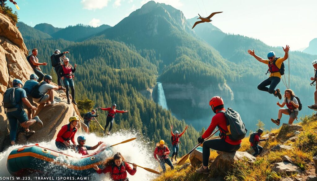 A vibrant, action-packed scene showcasing a diverse range of adventure sports typically covered by travel insurance policies in the USA. In the foreground, a group of thrill-seekers are engaged in various activities, such as whitewater rafting, rock climbing, and skydiving. The middle ground features a stunning mountain landscape with lush forests and a cascading waterfall, creating a picturesque backdrop. The lighting is warm and natural, capturing the energy and excitement of the outdoor pursuits. The composition is dynamic, with the subjects frozen in mid-action, conveying a sense of movement and adventure. The overall mood is one of exhilaration and exploration, reflecting the spirit of the adventurous traveler. A vibrant, action-packed scene showcasing a diverse range of adventure sports typically covered by travel insurance policies in the USA. In the foreground, a group of thrill-seekers are engaged in various activities, such as whitewater rafting, rock climbing, and skydiving. The middle ground features a stunning mountain landscape with lush forests and a cascading waterfall, creating a picturesque backdrop. The lighting is warm and natural, capturing the energy and excitement of the outdoor pursuits. The composition is dynamic, with the subjects frozen in mid-action, conveying a sense of movement and adventure. The overall mood is one of exhilaration and exploration, reflecting the spirit of the adventurous traveler.