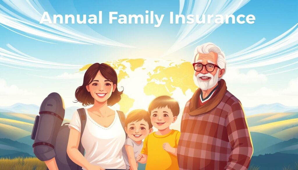 A vibrant and colorful illustration of an annual family travel insurance policy. In the foreground, a family of four - parents, a young child, and an elderly grandparent - stand together, their faces filled with joy and a sense of security. They are surrounded by a warm, golden light that suggests the comfort and protection provided by the travel insurance. In the middle ground, a world map unfolds, indicating the global coverage of the policy. The background features a serene landscape with rolling hills, a blue sky, and wispy clouds, conveying a sense of freedom and adventure. The overall composition evokes a feeling of peace, optimism, and the confidence that comes with having a reliable travel insurance plan in place. A vibrant and colorful illustration of an annual family travel insurance policy. In the foreground, a family of four - parents, a young child, and an elderly grandparent - stand together, their faces filled with joy and a sense of security. They are surrounded by a warm, golden light that suggests the comfort and protection provided by the travel insurance. In the middle ground, a world map unfolds, indicating the global coverage of the policy. The background features a serene landscape with rolling hills, a blue sky, and wispy clouds, conveying a sense of freedom and adventure. The overall composition evokes a feeling of peace, optimism, and the confidence that comes with having a reliable travel insurance plan in place.