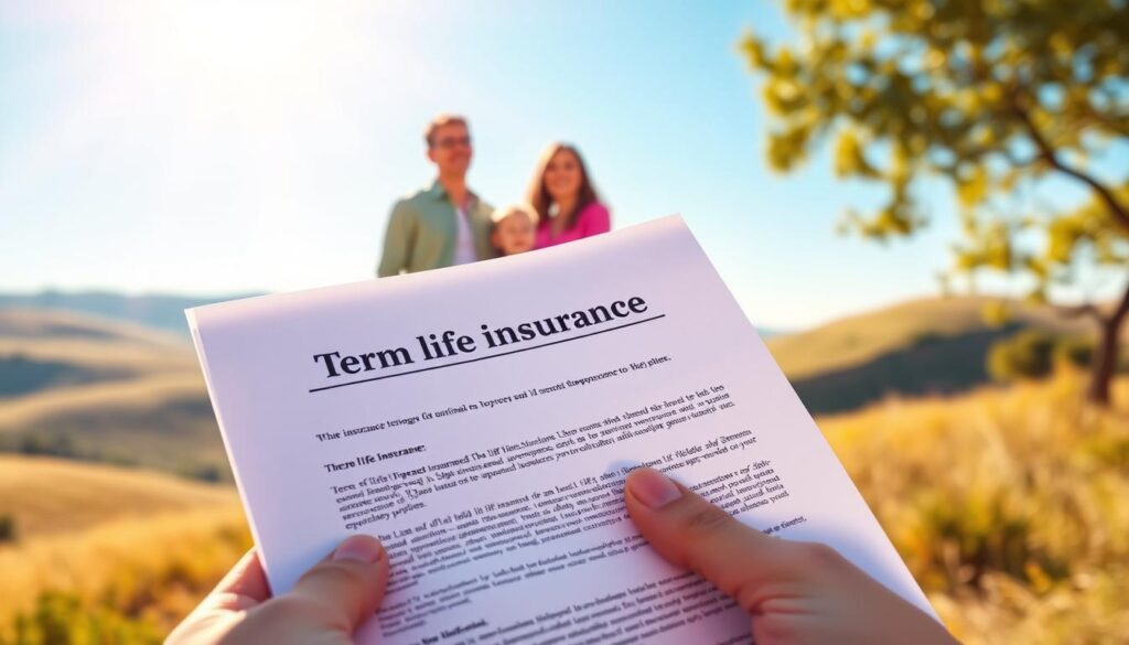 A vibrant and detailed illustration of term life insurance coverage. In the foreground, a person's hand holds a term life insurance policy document, the pages crisp and well-organized. In the middle ground, a family of three - a couple and their young child - standing confidently, conveying a sense of security and protection. The background is a serene, sun-drenched landscape, with rolling hills and a clear blue sky, evoking a feeling of tranquility and stability. The lighting is warm and natural, casting a gentle glow on the scene. The overall mood is one of reassurance and financial preparedness for the future. A vibrant and detailed illustration of term life insurance coverage. In the foreground, a person's hand holds a term life insurance policy document, the pages crisp and well-organized. In the middle ground, a family of three - a couple and their young child - standing confidently, conveying a sense of security and protection. The background is a serene, sun-drenched landscape, with rolling hills and a clear blue sky, evoking a feeling of tranquility and stability. The lighting is warm and natural, casting a gentle glow on the scene. The overall mood is one of reassurance and financial preparedness for the future.