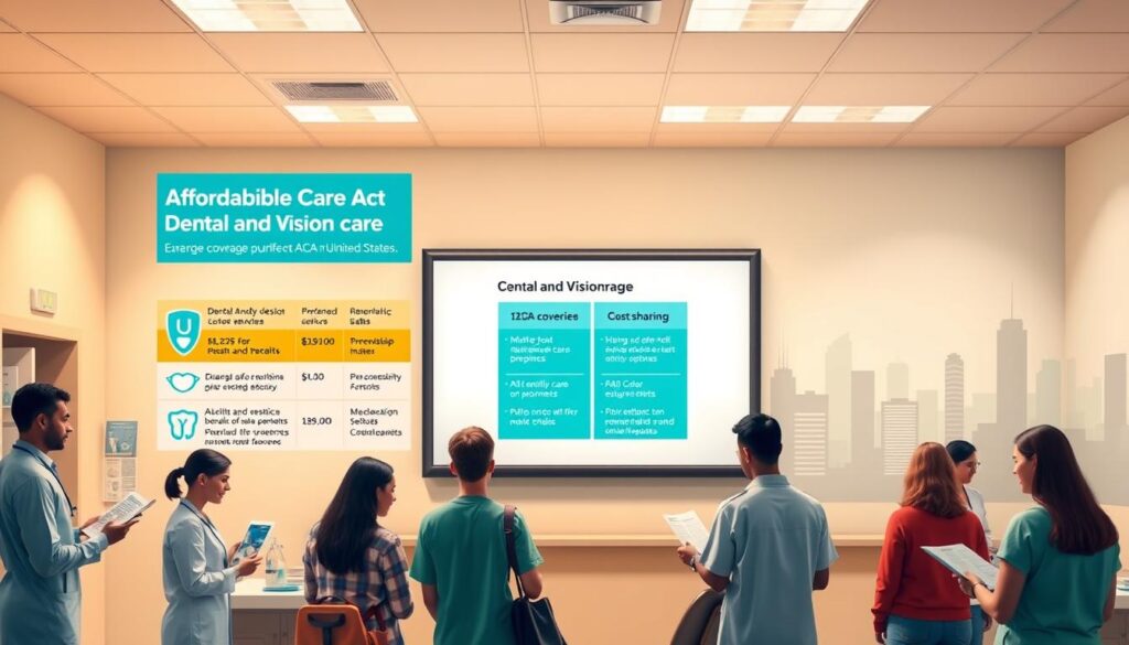 A vibrant and informative visual representation of the Affordable Care Act's coverage for dental and vision care in the United States. A clean, modern healthcare clinic interior with warm lighting and a welcoming atmosphere. In the foreground, a diverse group of patients perusing brochures and speaking with a knowledgeable, approachable healthcare provider. In the middle ground, a large display screen showcasing key ACA coverage details for dental and vision services, including coverage levels, cost-sharing, and preventative care options. The background features a stylized, abstract cityscape symbolizing the nationwide availability of these essential healthcare benefits. The overall scene conveys a sense of accessibility, inclusivity, and the importance of comprehensive healthcare coverage under the Affordable Care Act. A vibrant and informative visual representation of the Affordable Care Act's coverage for dental and vision care in the United States. A clean, modern healthcare clinic interior with warm lighting and a welcoming atmosphere. In the foreground, a diverse group of patients perusing brochures and speaking with a knowledgeable, approachable healthcare provider. In the middle ground, a large display screen showcasing key ACA coverage details for dental and vision services, including coverage levels, cost-sharing, and preventative care options. The background features a stylized, abstract cityscape symbolizing the nationwide availability of these essential healthcare benefits. The overall scene conveys a sense of accessibility, inclusivity, and the importance of comprehensive healthcare coverage under the Affordable Care Act.