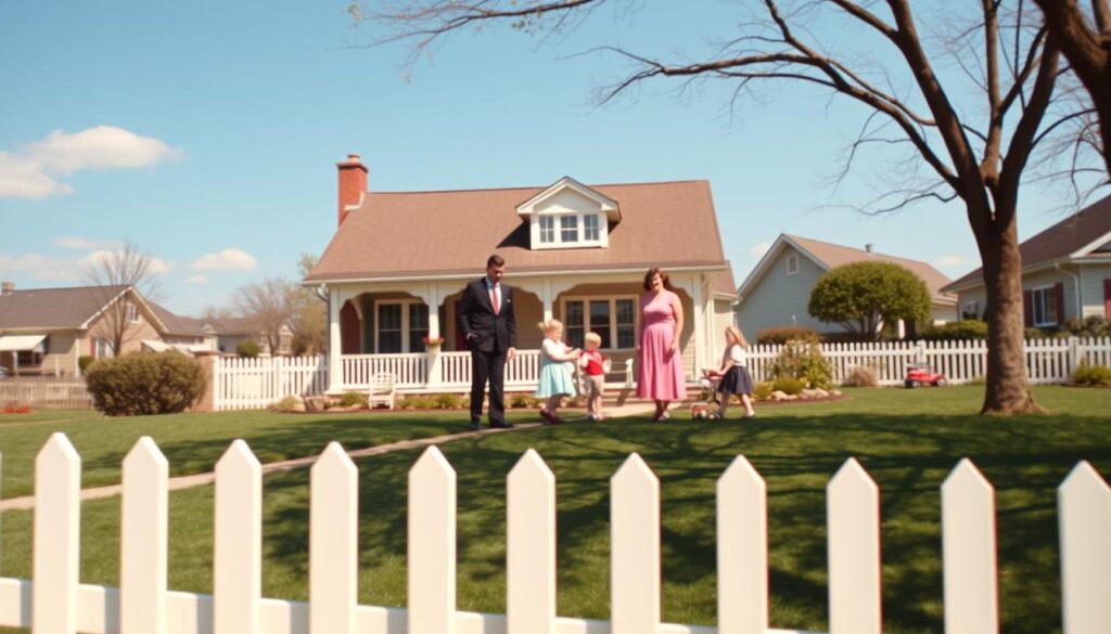 A vibrant and nostalgic scene of 1950s suburban life. In the foreground, a neatly manicured lawn and a white picket fence frame a classic American home with a welcoming front porch. Mid-ground, a family gathers, dressed in period-accurate attire - father in a crisp suit, mother in a flowing dress, children playing with vintage toys. The background features a cloudless blue sky and a distant neighborhood, captured with a warm, soft-focus effect, creating a sense of timelessness. Lighting is natural and diffused, casting gentle shadows and highlighting the era's iconic architectural details. The overall mood is one of tranquility, family, and the quintessential postwar American dream. A vibrant and nostalgic scene of 1950s suburban life. In the foreground, a neatly manicured lawn and a white picket fence frame a classic American home with a welcoming front porch. Mid-ground, a family gathers, dressed in period-accurate attire - father in a crisp suit, mother in a flowing dress, children playing with vintage toys. The background features a cloudless blue sky and a distant neighborhood, captured with a warm, soft-focus effect, creating a sense of timelessness. Lighting is natural and diffused, casting gentle shadows and highlighting the era's iconic architectural details. The overall mood is one of tranquility, family, and the quintessential postwar American dream.
