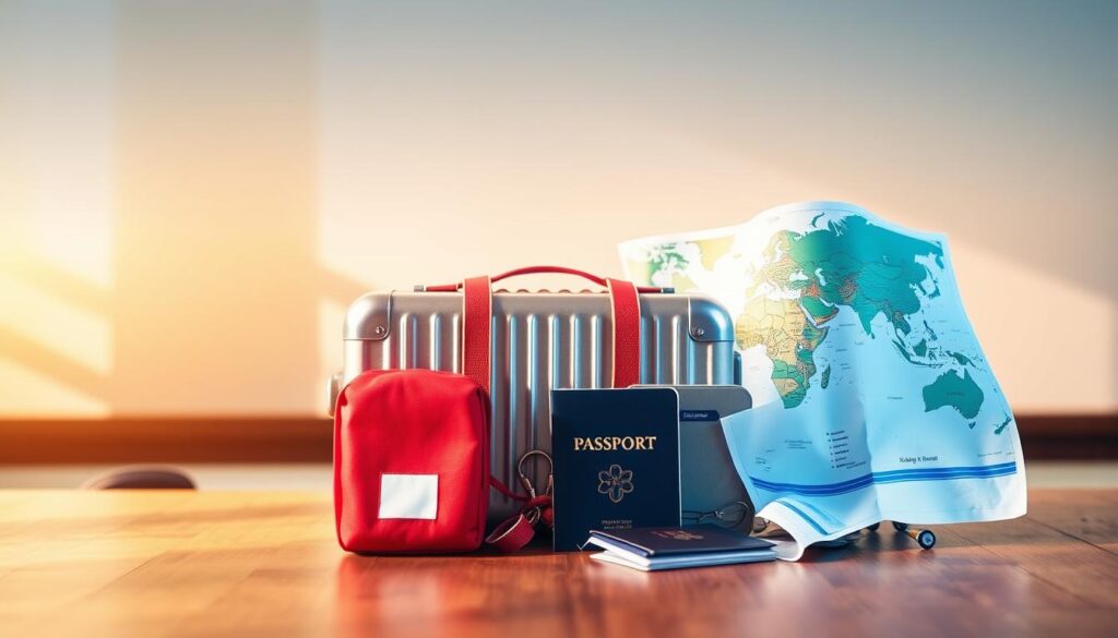 A vibrant and visually engaging image of the essential components of a comprehensive student travel insurance cover. Depicted against a softly blurred, warm-toned background, the key coverage elements are showcased in the foreground. A stainless steel travel suitcase, a first-aid kit, a world map, and a passport sit atop an elegant wooden surface, illuminated by natural, directional lighting. The overall composition and color palette convey a sense of security, reliability, and global exploration - core attributes of a quality student travel insurance plan. A vibrant and visually engaging image of the essential components of a comprehensive student travel insurance cover. Depicted against a softly blurred, warm-toned background, the key coverage elements are showcased in the foreground. A stainless steel travel suitcase, a first-aid kit, a world map, and a passport sit atop an elegant wooden surface, illuminated by natural, directional lighting. The overall composition and color palette convey a sense of security, reliability, and global exploration - core attributes of a quality student travel insurance plan.