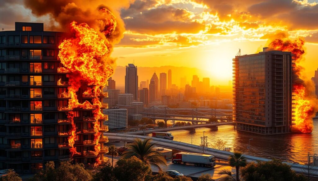 A vibrant cityscape with a modern urban skyline, illuminated by a warm golden sunset. In the foreground, two adjacent buildings - one with a raging fire consuming its upper floors, the other partially submerged in a rising floodwater. Dramatic shadows and highlights accentuate the sense of danger and urgency. In the middle ground, emergency vehicles and first responders work to contain the crisis. The background features a panoramic view of the city, with towering skyscrapers and bridges, hinting at the broader impact of these natural disasters. The scene conveys the critical need for comprehensive home protection through the pairing of flood and fire insurance policies. A vibrant cityscape with a modern urban skyline, illuminated by a warm golden sunset. In the foreground, two adjacent buildings - one with a raging fire consuming its upper floors, the other partially submerged in a rising floodwater. Dramatic shadows and highlights accentuate the sense of danger and urgency. In the middle ground, emergency vehicles and first responders work to contain the crisis. The background features a panoramic view of the city, with towering skyscrapers and bridges, hinting at the broader impact of these natural disasters. The scene conveys the critical need for comprehensive home protection through the pairing of flood and fire insurance policies.