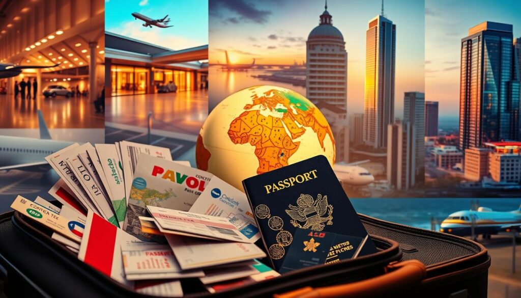 A vibrant collage of annual travel experiences, captured with a cinematic flair. In the foreground, a suitcase overflows with mementos - airline tickets, hotel keycards, and a passport teeming with stamps. The middle ground features a globe, illuminated by soft, golden lighting, symbolizing the breadth of destinations explored. In the background, a montage of scenes unfolds - a bustling airport terminal, a tranquil seaside resort, and a towering skyscraper in a modern city. The overall composition conveys a sense of adventure, productivity, and the seamless integration of work and leisure travel throughout the year. A vibrant collage of annual travel experiences, captured with a cinematic flair. In the foreground, a suitcase overflows with mementos - airline tickets, hotel keycards, and a passport teeming with stamps. The middle ground features a globe, illuminated by soft, golden lighting, symbolizing the breadth of destinations explored. In the background, a montage of scenes unfolds - a bustling airport terminal, a tranquil seaside resort, and a towering skyscraper in a modern city. The overall composition conveys a sense of adventure, productivity, and the seamless integration of work and leisure travel throughout the year.
