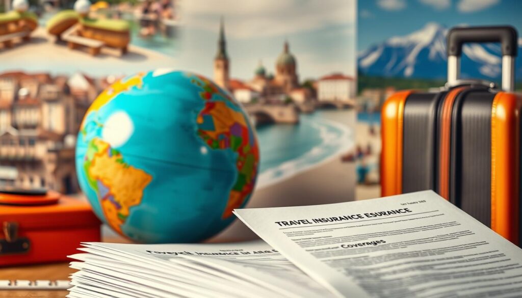 A vibrant collage of diverse travel insurance policy types, captured through a warm, cinematic lens. In the foreground, a stack of policy documents, meticulously detailed with coverage highlights. In the middle ground, a globe and a suitcase, symbolic of the journeys these policies aim to protect. The background features a softly blurred montage of travel scenes: a picturesque European cityscape, a serene beach, and a snow-capped mountain range. The overall composition conveys a sense of security and adventure, perfectly encapsulating the section's focus on finding the right policy to suit one's travel plans. A vibrant collage of diverse travel insurance policy types, captured through a warm, cinematic lens. In the foreground, a stack of policy documents, meticulously detailed with coverage highlights. In the middle ground, a globe and a suitcase, symbolic of the journeys these policies aim to protect. The background features a softly blurred montage of travel scenes: a picturesque European cityscape, a serene beach, and a snow-capped mountain range. The overall composition conveys a sense of security and adventure, perfectly encapsulating the section's focus on finding the right policy to suit one's travel plans.