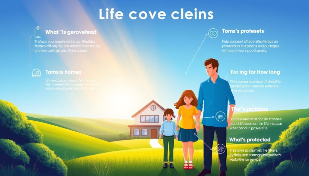 A vibrant, colorful illustration showcasing the key aspects of life cover and claims. In the foreground, a family - a young couple with two children - stand together, conveying a sense of security and protection. Behind them, a lush, verdant landscape with rolling hills and a clear blue sky, symbolizing the long-term coverage provided by life insurance. In the middle ground, a sturdy, modern house represents the home and assets that life insurance can safeguard. Rays of warm, golden light filter through, creating a serene, reassuring atmosphere. Subtle, minimalist icons and graphics highlight the details of what's protected, when, and for how long, without distracting from the central narrative. The overall composition conveys the comprehensive, reliable nature of life insurance coverage for families. A vibrant, colorful illustration showcasing the key aspects of life cover and claims. In the foreground, a family - a young couple with two children - stand together, conveying a sense of security and protection. Behind them, a lush, verdant landscape with rolling hills and a clear blue sky, symbolizing the long-term coverage provided by life insurance. In the middle ground, a sturdy, modern house represents the home and assets that life insurance can safeguard. Rays of warm, golden light filter through, creating a serene, reassuring atmosphere. Subtle, minimalist icons and graphics highlight the details of what's protected, when, and for how long, without distracting from the central narrative. The overall composition conveys the comprehensive, reliable nature of life insurance coverage for families.