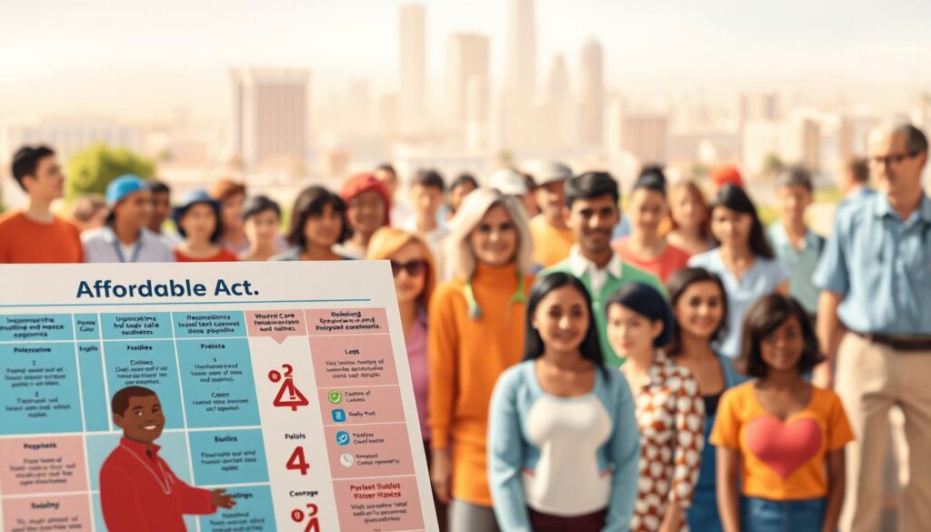 A vibrant, detailed illustration of the Affordable Care Act, showcasing its key elements. In the foreground, a detailed graphic depicting the essential components of the healthcare legislation, such as insurance exchanges, subsidies, and coverage mandates, rendered in a clean, modern style. The middle ground features a diverse group of people, each representing different demographic segments, illustrating the widespread impact of the Act. The background sets the scene with a warm, soft-focused cityscape, conveying a sense of community and accessibility. Lighting is natural and diffused, creating a welcoming atmosphere. The overall composition strikes a balance between informative content and an inviting, relatable visual style. A vibrant, detailed illustration of the Affordable Care Act, showcasing its key elements. In the foreground, a detailed graphic depicting the essential components of the healthcare legislation, such as insurance exchanges, subsidies, and coverage mandates, rendered in a clean, modern style. The middle ground features a diverse group of people, each representing different demographic segments, illustrating the widespread impact of the Act. The background sets the scene with a warm, soft-focused cityscape, conveying a sense of community and accessibility. Lighting is natural and diffused, creating a welcoming atmosphere. The overall composition strikes a balance between informative content and an inviting, relatable visual style.