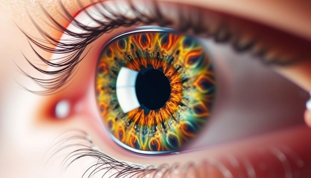 A vibrant, detailed vision of the human eye, magnified and illuminated, with a crisp, clear focus. The iris is a mesmerizing kaleidoscope of colors, hues, and patterns, capturing the viewer's attention. The pupil is a dark, intricate portal, drawing the gaze inward. Soft, diffused lighting from the side casts gentle shadows, emphasizing the intricate textures and structures of the eye. The overall image conveys a sense of wonder, complexity, and the remarkable capabilities of the human visual system. The background is a clean, minimalist, and neutral palette, allowing the eye to be the sole focus of the composition. A vibrant, detailed vision of the human eye, magnified and illuminated, with a crisp, clear focus. The iris is a mesmerizing kaleidoscope of colors, hues, and patterns, capturing the viewer's attention. The pupil is a dark, intricate portal, drawing the gaze inward. Soft, diffused lighting from the side casts gentle shadows, emphasizing the intricate textures and structures of the eye. The overall image conveys a sense of wonder, complexity, and the remarkable capabilities of the human visual system. The background is a clean, minimalist, and neutral palette, allowing the eye to be the sole focus of the composition.