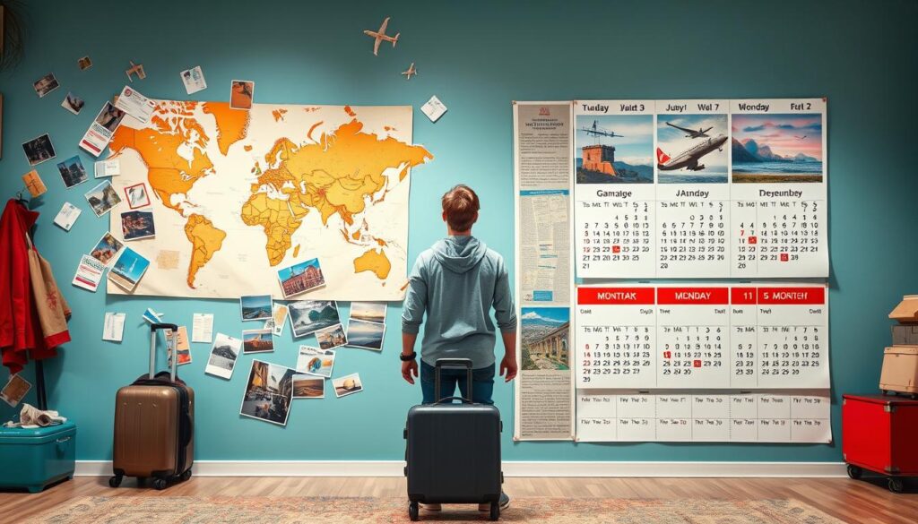 A vibrant, dynamic scene depicting a 12-month travel journey. In the foreground, a person stands at the center, suitcase in hand, gazing with excitement at a world map pinned to a wall. The middle ground features a collage of travel mementos - airline tickets, boarding passes, postcards, and photos from various destinations. In the background, a large calendar displays the 12 months, each with a different scenic landscape or landmark, hinting at the breadth of experiences across a full year of unlimited travel. The overall mood is one of adventure, exploration, and the boundless possibilities of a year of unfettered journeying. A vibrant, dynamic scene depicting a 12-month travel journey. In the foreground, a person stands at the center, suitcase in hand, gazing with excitement at a world map pinned to a wall. The middle ground features a collage of travel mementos - airline tickets, boarding passes, postcards, and photos from various destinations. In the background, a large calendar displays the 12 months, each with a different scenic landscape or landmark, hinting at the breadth of experiences across a full year of unlimited travel. The overall mood is one of adventure, exploration, and the boundless possibilities of a year of unfettered journeying.