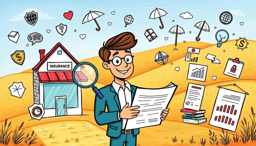 A vibrant, hand-drawn illustration depicting a small business surrounded by essential insurance policies. In the foreground, a friendly entrepreneur holds a magnifying glass, examining a stack of documents with a focused expression. The middle ground showcases a variety of insurance icons, including shields, umbrellas, and charts, hinting at the diverse coverage options. The background features a warm, textured environment with rolling hills, a clear blue sky, and a sense of optimism and security. The overall scene conveys the importance of comprehensive small business insurance, providing protection and peace of mind for the owner. A vibrant, hand-drawn illustration depicting a small business surrounded by essential insurance policies. In the foreground, a friendly entrepreneur holds a magnifying glass, examining a stack of documents with a focused expression. The middle ground showcases a variety of insurance icons, including shields, umbrellas, and charts, hinting at the diverse coverage options. The background features a warm, textured environment with rolling hills, a clear blue sky, and a sense of optimism and security. The overall scene conveys the importance of comprehensive small business insurance, providing protection and peace of mind for the owner.