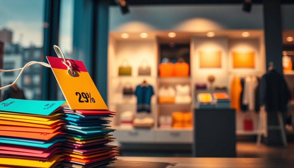 A vibrant, high-contrast composition capturing the essence of "discount". In the foreground, a stack of colorful price tags, their discounted values clearly visible, arranged in an eye-catching geometric pattern. In the middle ground, a modern, minimalist retail display showcasing various products, their discounted prices prominently displayed. The background features a soft, blurred cityscape, hinting at a bustling urban environment where shoppers seek out the best deals. Dramatic, directional lighting casts dramatic shadows, adding depth and drama to the scene. The overall mood is one of excitement and savings, inviting the viewer to imagine the thrill of finding the perfect discounted item. A vibrant, high-contrast composition capturing the essence of "discount". In the foreground, a stack of colorful price tags, their discounted values clearly visible, arranged in an eye-catching geometric pattern. In the middle ground, a modern, minimalist retail display showcasing various products, their discounted prices prominently displayed. The background features a soft, blurred cityscape, hinting at a bustling urban environment where shoppers seek out the best deals. Dramatic, directional lighting casts dramatic shadows, adding depth and drama to the scene. The overall mood is one of excitement and savings, inviting the viewer to imagine the thrill of finding the perfect discounted item.
