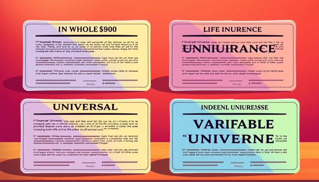 A vibrant illustration depicting four distinct life insurance policy types - whole, universal, indexed universal, and variable universal - displayed side-by-side in a harmonious layout. The policies are rendered in a realistic and detailed manner, showcasing their unique features and benefits. The composition utilizes a balanced, symmetrical arrangement, with each policy occupying an equal share of the frame. The overall color palette is rich and inviting, creating a sense of sophistication and financial security. The lighting is warm and directional, casting subtle shadows that enhance the three-dimensional qualities of the policies. The background is subtly blurred, allowing the policies to take center stage and capture the viewer's attention. A vibrant illustration depicting four distinct life insurance policy types - whole, universal, indexed universal, and variable universal - displayed side-by-side in a harmonious layout. The policies are rendered in a realistic and detailed manner, showcasing their unique features and benefits. The composition utilizes a balanced, symmetrical arrangement, with each policy occupying an equal share of the frame. The overall color palette is rich and inviting, creating a sense of sophistication and financial security. The lighting is warm and directional, casting subtle shadows that enhance the three-dimensional qualities of the policies. The background is subtly blurred, allowing the policies to take center stage and capture the viewer's attention.