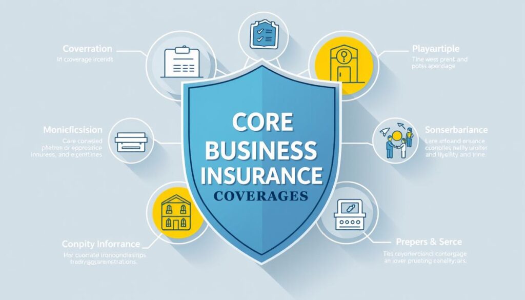 A vibrant illustration of core business insurance coverages, captured in a sleek and modern design. A central shield-like shape dominates the frame, representing the core protections, surrounded by detailed iconography depicting various coverage areas such as liability, property, and more. The illustration is rendered in a bold, geometric style with a muted color palette of blues, grays, and accents of yellow, conveying a sense of security and reliability. Soft shadows and highlights add depth and dimension, while the overall composition is balanced and visually striking, reflecting the essential nature of these core coverages for safeguarding a small or medium-sized enterprise. A vibrant illustration of core business insurance coverages, captured in a sleek and modern design. A central shield-like shape dominates the frame, representing the core protections, surrounded by detailed iconography depicting various coverage areas such as liability, property, and more. The illustration is rendered in a bold, geometric style with a muted color palette of blues, grays, and accents of yellow, conveying a sense of security and reliability. Soft shadows and highlights add depth and dimension, while the overall composition is balanced and visually striking, reflecting the essential nature of these core coverages for safeguarding a small or medium-sized enterprise.