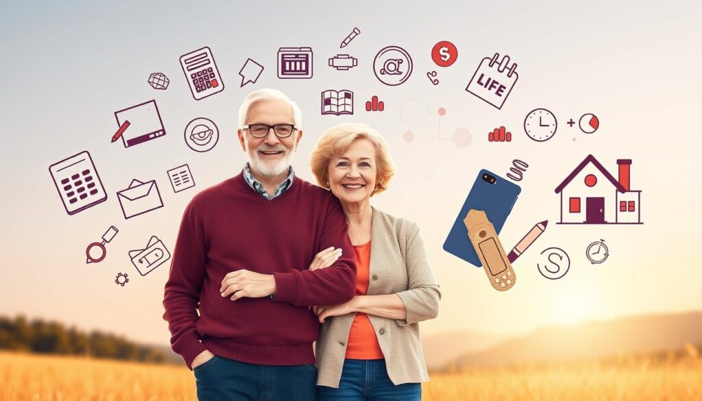 A vibrant illustration of life insurance, capturing the essence of financial security. In the foreground, a mature couple stands confidently, their expressions conveying a sense of trust and contentment. They are surrounded by an array of insurance-related icons and symbols, including a calculator, a magnifying glass, and a house, symbolizing the various aspects of their coverage. The middle ground features a soft, blurred background of a serene, natural landscape, suggesting the peace of mind that comes with a well-planned retirement. The lighting is warm and inviting, casting a gentle glow on the scene. The overall composition is balanced and visually appealing, conveying the message of a comprehensive, trustworthy life insurance plan that can provide the confidence to secure one's golden years. A vibrant illustration of life insurance, capturing the essence of financial security. In the foreground, a mature couple stands confidently, their expressions conveying a sense of trust and contentment. They are surrounded by an array of insurance-related icons and symbols, including a calculator, a magnifying glass, and a house, symbolizing the various aspects of their coverage. The middle ground features a soft, blurred background of a serene, natural landscape, suggesting the peace of mind that comes with a well-planned retirement. The lighting is warm and inviting, casting a gentle glow on the scene. The overall composition is balanced and visually appealing, conveying the message of a comprehensive, trustworthy life insurance plan that can provide the confidence to secure one's golden years.
