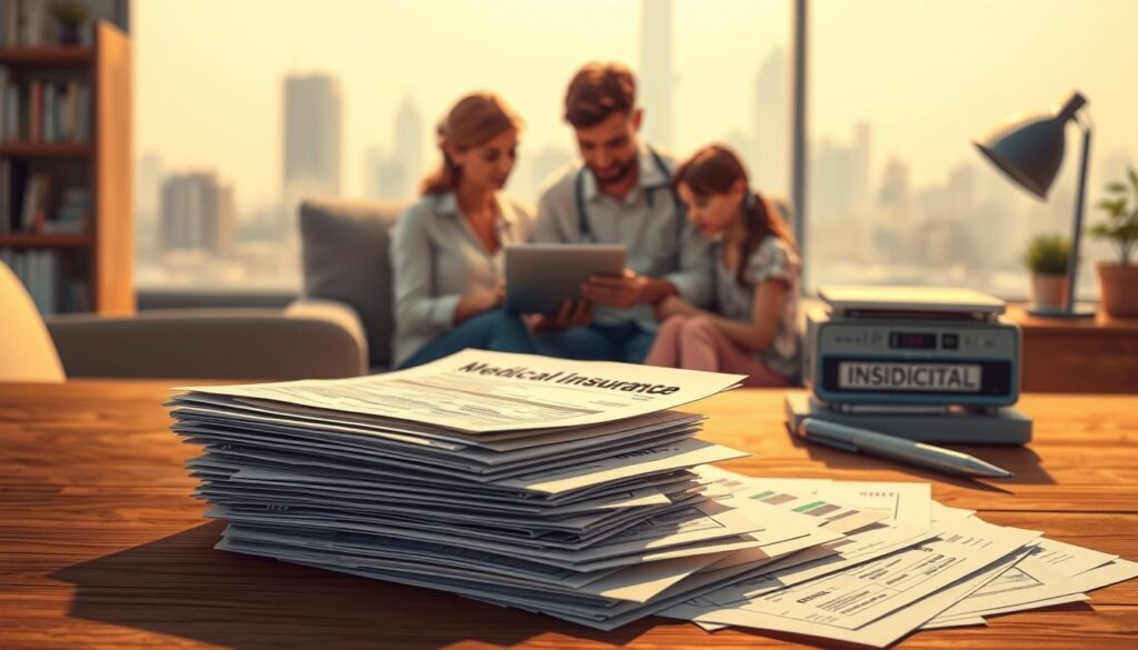 A vibrant illustration of the complex web of health insurance costs in the United States. In the foreground, a stack of medical bills and insurance documents spills across a wooden desk, casting shadows that hint at the financial burden. In the middle ground, a family gathers around a laptop, expressions reflecting concern as they navigate the confusing landscape of plan options and deductibles. The background fades into a muted cityscape, a subtle reminder of the broader systemic challenges that contribute to the rising costs of healthcare coverage. Warm lighting and a sense of depth create a contemplative atmosphere, inviting the viewer to consider the true meaning of "affordable" when it comes to family medical plans in the USA. A vibrant illustration of the complex web of health insurance costs in the United States. In the foreground, a stack of medical bills and insurance documents spills across a wooden desk, casting shadows that hint at the financial burden. In the middle ground, a family gathers around a laptop, expressions reflecting concern as they navigate the confusing landscape of plan options and deductibles. The background fades into a muted cityscape, a subtle reminder of the broader systemic challenges that contribute to the rising costs of healthcare coverage. Warm lighting and a sense of depth create a contemplative atmosphere, inviting the viewer to consider the true meaning of "affordable" when it comes to family medical plans in the USA.