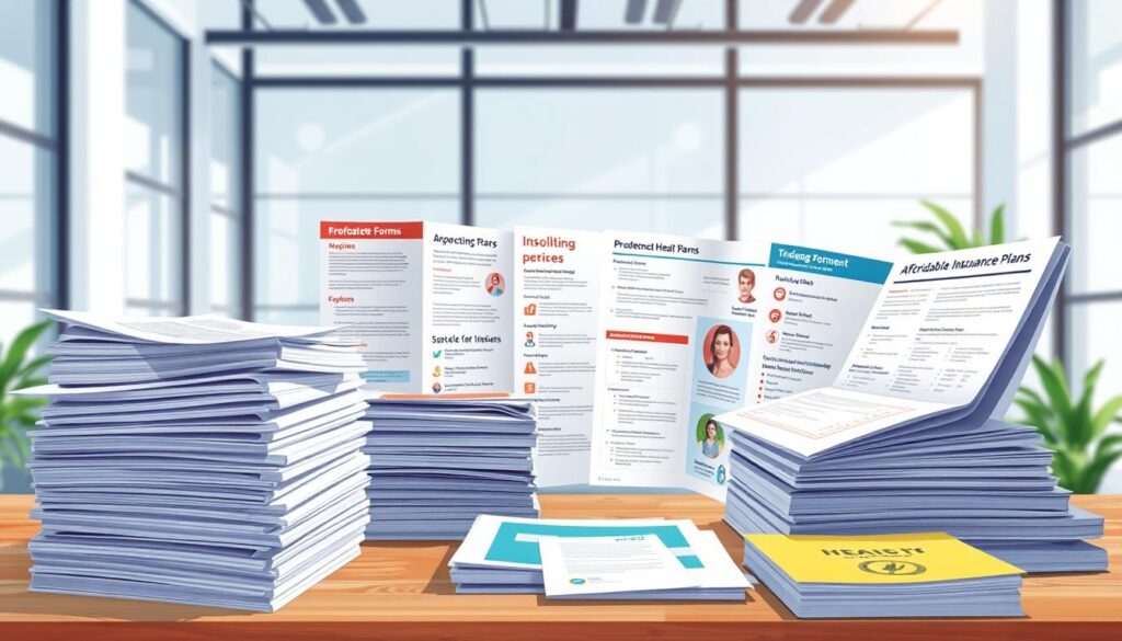A vibrant illustration showcasing a variety of affordable family health insurance plans in the USA. The foreground features stacks of documents, medical forms, and enrollment papers, conveying the process of comparing and selecting plans. The middle ground displays an array of glossy brochures, each highlighting different coverage options and premium rates. In the background, a modern office setting with large windows and clean, minimalist decor sets the tone for a seamless, professional experience. Soft, natural lighting illuminates the scene, creating a welcoming and trustworthy atmosphere. The overall composition emphasizes the ease and convenience of finding the right family health insurance plan, ready for the reader to embark on their quick path to comparing, getting quotes, and enrolling today. A vibrant illustration showcasing a variety of affordable family health insurance plans in the USA. The foreground features stacks of documents, medical forms, and enrollment papers, conveying the process of comparing and selecting plans. The middle ground displays an array of glossy brochures, each highlighting different coverage options and premium rates. In the background, a modern office setting with large windows and clean, minimalist decor sets the tone for a seamless, professional experience. Soft, natural lighting illuminates the scene, creating a welcoming and trustworthy atmosphere. The overall composition emphasizes the ease and convenience of finding the right family health insurance plan, ready for the reader to embark on their quick path to comparing, getting quotes, and enrolling today.