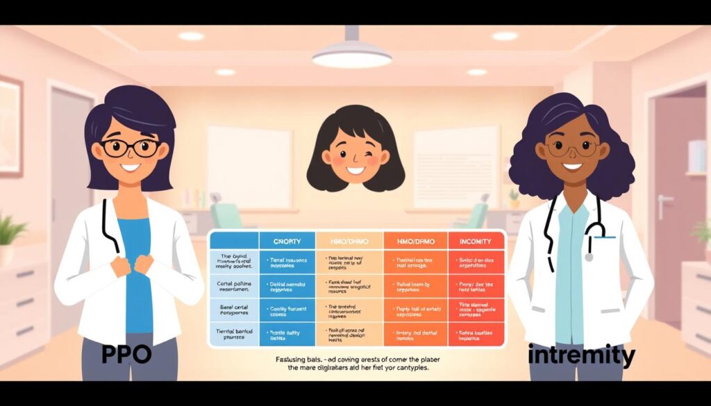 A vibrant illustration showcasing three distinct dental insurance plan options - PPO, HMO/DHMO, and indemnity. In the foreground, three personas represent each plan type, with clear visual cues to differentiate their coverage levels and costs. The middle ground features a simplified infographic comparing the key features of the plans, using bold colors and clean typography. The background depicts a serene dental office setting, with a warm, professional atmosphere conveyed through soft lighting and muted tones. The overall composition is designed to be informative and visually engaging, guiding the viewer through the essential aspects of these plan options. A vibrant illustration showcasing three distinct dental insurance plan options - PPO, HMO/DHMO, and indemnity. In the foreground, three personas represent each plan type, with clear visual cues to differentiate their coverage levels and costs. The middle ground features a simplified infographic comparing the key features of the plans, using bold colors and clean typography. The background depicts a serene dental office setting, with a warm, professional atmosphere conveyed through soft lighting and muted tones. The overall composition is designed to be informative and visually engaging, guiding the viewer through the essential aspects of these plan options.