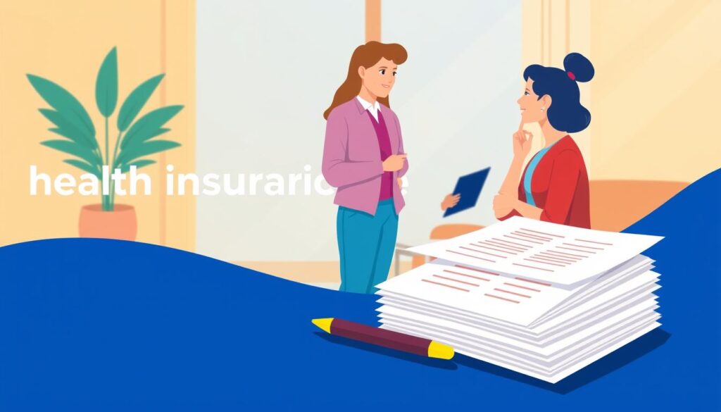 A vibrant, modern illustration of a personalized health insurance plan. In the foreground, a stack of documents and a pen, symbolizing the planning and paperwork involved. In the middle ground, a friendly agent discussing coverage options with a thoughtful customer. The background features a warm, natural lighting, conveying a sense of trust and security. The overall composition has a clean, minimalist aesthetic that reflects the accessible and straightforward nature of the affordable personal health coverage in Canada. A vibrant, modern illustration of a personalized health insurance plan. In the foreground, a stack of documents and a pen, symbolizing the planning and paperwork involved. In the middle ground, a friendly agent discussing coverage options with a thoughtful customer. The background features a warm, natural lighting, conveying a sense of trust and security. The overall composition has a clean, minimalist aesthetic that reflects the accessible and straightforward nature of the affordable personal health coverage in Canada.