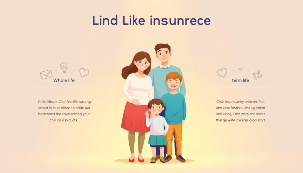 A vibrant, modern illustration showcasing the coverage options for child life insurance. In the foreground, a stylized family - two parents and two children - standing together, their expressions conveying a sense of security and protection. Behind them, a clean, minimal background, with delicate line illustrations depicting the key insurance products - whole life, term, and riders. Soft, warm lighting illuminates the scene, creating a serene, reassuring atmosphere. The overall composition strikes a balance between the personal, human element and the informative, technical aspects of the insurance coverage, reflecting the importance of safeguarding a family's future. A vibrant, modern illustration showcasing the coverage options for child life insurance. In the foreground, a stylized family - two parents and two children - standing together, their expressions conveying a sense of security and protection. Behind them, a clean, minimal background, with delicate line illustrations depicting the key insurance products - whole life, term, and riders. Soft, warm lighting illuminates the scene, creating a serene, reassuring atmosphere. The overall composition strikes a balance between the personal, human element and the informative, technical aspects of the insurance coverage, reflecting the importance of safeguarding a family's future.
