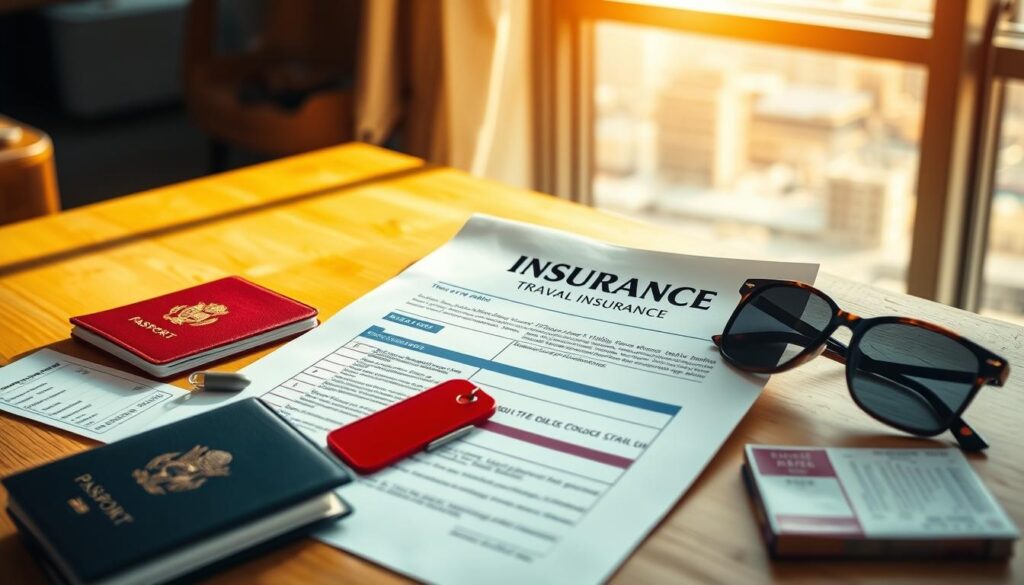 A vibrant, panoramic image of a travel insurance policy document on a wooden desk, surrounded by a collection of travel essentials - a passport, luggage tag, sunglasses, and a boarding pass. The document is bathed in warm, natural lighting, casting a soft, inviting glow. The background features a blurred, out-of-focus cityscape through a window, suggesting the excitement of an upcoming journey. The overall composition conveys a sense of preparation, security, and the anticipation of adventure. A vibrant, panoramic image of a travel insurance policy document on a wooden desk, surrounded by a collection of travel essentials - a passport, luggage tag, sunglasses, and a boarding pass. The document is bathed in warm, natural lighting, casting a soft, inviting glow. The background features a blurred, out-of-focus cityscape through a window, suggesting the excitement of an upcoming journey. The overall composition conveys a sense of preparation, security, and the anticipation of adventure.