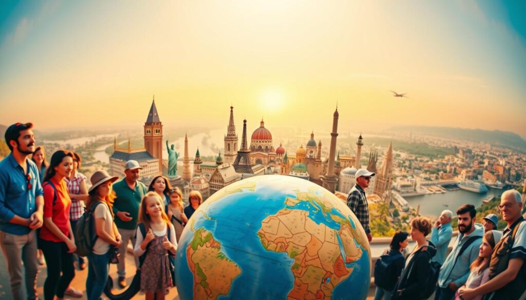 A vibrant panoramic scene showcasing the essence of an annual multi-trip travel insurance policy. In the foreground, a diverse group of travelers - young and old, families, and solo adventurers - gather around a globe, symbolizing their readiness to explore the world. The middle ground features a collage of iconic landmarks and scenic vistas, hinting at the endless travel opportunities covered by the policy. In the background, a warm, golden-hour glow illuminates the scene, creating a sense of security and carefree adventure. The composition is captured through a wide-angle lens, conveying the comprehensive protection and flexibility of the annual policy. Subtle lens flares and a slightly soft focus lend an aspirational, dreamlike quality to the image. A vibrant panoramic scene showcasing the essence of an annual multi-trip travel insurance policy. In the foreground, a diverse group of travelers - young and old, families, and solo adventurers - gather around a globe, symbolizing their readiness to explore the world. The middle ground features a collage of iconic landmarks and scenic vistas, hinting at the endless travel opportunities covered by the policy. In the background, a warm, golden-hour glow illuminates the scene, creating a sense of security and carefree adventure. The composition is captured through a wide-angle lens, conveying the comprehensive protection and flexibility of the annual policy. Subtle lens flares and a slightly soft focus lend an aspirational, dreamlike quality to the image.