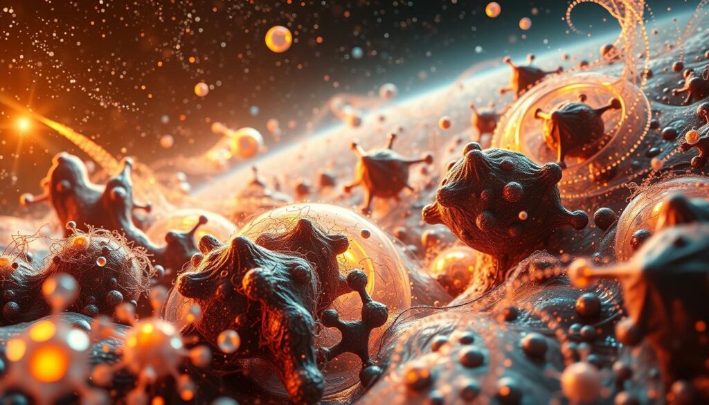 A vibrant, swirling cosmos of universal life, captured through the lens of a high-resolution cinematic camera. In the foreground, a myriad of intricate, pulsating structures representing the fundamental building blocks of existence - atoms, molecules, and cells. In the middle ground, larger, more complex forms intertwine and interact, showcasing the dynamic processes of growth, evolution, and adaptation. The background is a vast, ethereal landscape of stars, galaxies, and cosmic phenomena, providing a sense of scale and the infinite nature of the universe. The lighting is warm and ambient, creating a sense of wonder and contemplation. The composition is balanced and visually captivating, inviting the viewer to explore the intricate details and interconnectedness of all life. A vibrant, swirling cosmos of universal life, captured through the lens of a high-resolution cinematic camera. In the foreground, a myriad of intricate, pulsating structures representing the fundamental building blocks of existence - atoms, molecules, and cells. In the middle ground, larger, more complex forms intertwine and interact, showcasing the dynamic processes of growth, evolution, and adaptation. The background is a vast, ethereal landscape of stars, galaxies, and cosmic phenomena, providing a sense of scale and the infinite nature of the universe. The lighting is warm and ambient, creating a sense of wonder and contemplation. The composition is balanced and visually captivating, inviting the viewer to explore the intricate details and interconnectedness of all life.