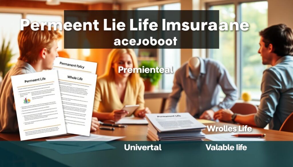 A vibrant, visually compelling image showcasing permanent life insurance options. In the foreground, a family gathers around a table, discussing their financial future. Mid-ground, an array of documents and charts illustrate various permanent policy types - whole life, universal life, and variable life. The background features a warm, modern office setting with natural lighting streaming through large windows. The scene conveys a sense of security, stability, and informed decision-making. Rendered in a realistic, high-quality style that effectively communicates the subject matter to the viewer. A vibrant, visually compelling image showcasing permanent life insurance options. In the foreground, a family gathers around a table, discussing their financial future. Mid-ground, an array of documents and charts illustrate various permanent policy types - whole life, universal life, and variable life. The background features a warm, modern office setting with natural lighting streaming through large windows. The scene conveys a sense of security, stability, and informed decision-making. Rendered in a realistic, high-quality style that effectively communicates the subject matter to the viewer.