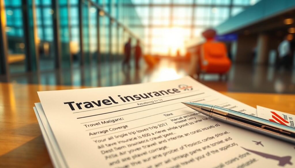 A vibrant, wide-angle shot of a travel insurance policy document, with a pen and airline tickets in the foreground. The document's text is clearly legible, highlighting the coverage details for single-trip and annual multi-trip plans. The background features a soft-focus, blurred image of an airport terminal, suggesting the context of travel and the importance of being protected. Warm, natural lighting casts a reassuring glow, and the overall composition conveys a sense of security and preparedness for the journey ahead. A vibrant, wide-angle shot of a travel insurance policy document, with a pen and airline tickets in the foreground. The document's text is clearly legible, highlighting the coverage details for single-trip and annual multi-trip plans. The background features a soft-focus, blurred image of an airport terminal, suggesting the context of travel and the importance of being protected. Warm, natural lighting casts a reassuring glow, and the overall composition conveys a sense of security and preparedness for the journey ahead.