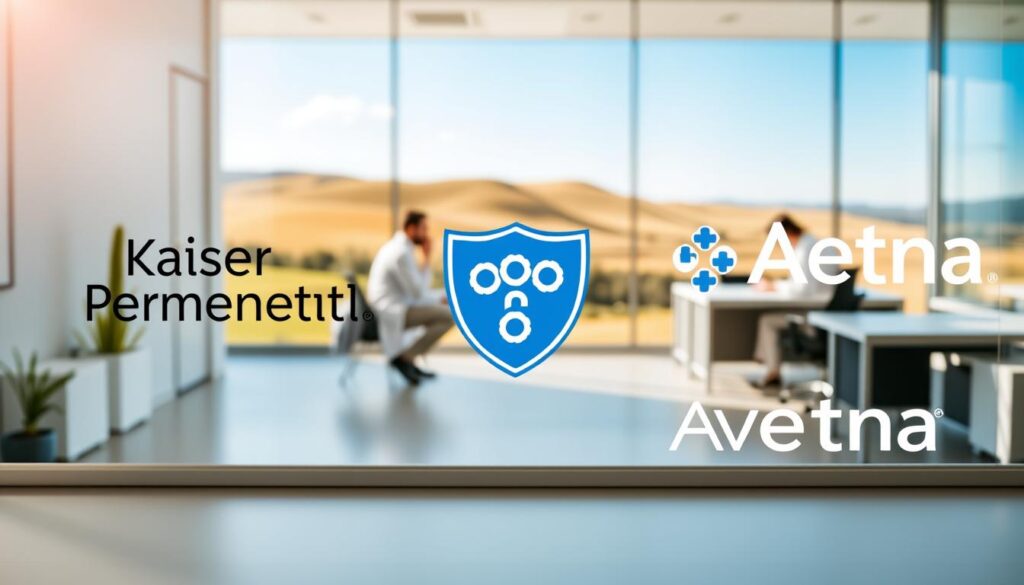 A visually striking image showcasing the most reputable health insurance providers. In the foreground, the iconic logos of Kaiser Permanente, Blue Cross Blue Shield, and Aetna prominently displayed, conveying a sense of trustworthiness and reliability. The middle ground features a clean, modern office setting with healthcare professionals engaged in consultations, highlighting the companies' commitment to personalized service. In the background, a scenic landscape with rolling hills and a clear blue sky, evoking a sense of well-being and tranquility. The lighting is soft and warm, creating a welcoming atmosphere. The overall composition is balanced, with a focus on the key players in the health insurance industry, presented in a visually appealing and professional manner. A visually striking image showcasing the most reputable health insurance providers. In the foreground, the iconic logos of Kaiser Permanente, Blue Cross Blue Shield, and Aetna prominently displayed, conveying a sense of trustworthiness and reliability. The middle ground features a clean, modern office setting with healthcare professionals engaged in consultations, highlighting the companies' commitment to personalized service. In the background, a scenic landscape with rolling hills and a clear blue sky, evoking a sense of well-being and tranquility. The lighting is soft and warm, creating a welcoming atmosphere. The overall composition is balanced, with a focus on the key players in the health insurance industry, presented in a visually appealing and professional manner.