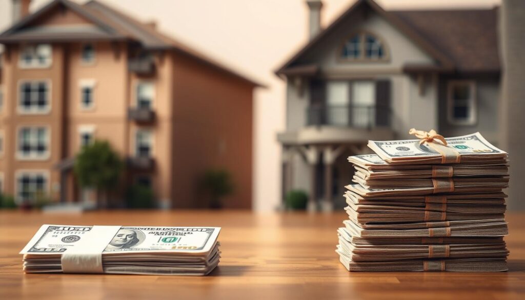 A visually striking side-by-side comparison of renters insurance and homeowners insurance premiums. In the foreground, a stack of dollar bills representing the average renters insurance cost, juxtaposed with a larger stack symbolizing the typical homeowners insurance premium. The middle ground features architectural elements - a cozy apartment building and a stately single-family home - to ground the concept. The background is softly blurred, creating depth and emphasizing the financial focus. The lighting is warm and inviting, with gentle shadows adding dimension. The overall composition conveys the relative cost difference between the two insurance options in an impactful, visually compelling manner. A visually striking side-by-side comparison of renters insurance and homeowners insurance premiums. In the foreground, a stack of dollar bills representing the average renters insurance cost, juxtaposed with a larger stack symbolizing the typical homeowners insurance premium. The middle ground features architectural elements - a cozy apartment building and a stately single-family home - to ground the concept. The background is softly blurred, creating depth and emphasizing the financial focus. The lighting is warm and inviting, with gentle shadows adding dimension. The overall composition conveys the relative cost difference between the two insurance options in an impactful, visually compelling manner.