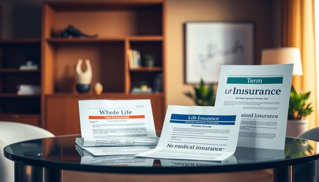 A visually striking still life image showcasing a variety of life insurance options. In the foreground, a glass table displays different insurance policy documents, each with a distinct color scheme and typographic style to represent term, whole life, universal, and no-medical insurance plans. The midground features a softly lit backdrop with a warm, earthy tone, creating a sense of security and stability. In the background, subtle architectural elements, such as a wooden bookshelf or a potted plant, add depth and a sense of a professional, yet welcoming environment. The lighting is carefully balanced, creating dimensional shadows and highlights that accentuate the textures and details of the insurance materials. The overall composition conveys a sense of thoughtfulness, clarity, and the importance of understanding the various life insurance options available. A visually striking still life image showcasing a variety of life insurance options. In the foreground, a glass table displays different insurance policy documents, each with a distinct color scheme and typographic style to represent term, whole life, universal, and no-medical insurance plans. The midground features a softly lit backdrop with a warm, earthy tone, creating a sense of security and stability. In the background, subtle architectural elements, such as a wooden bookshelf or a potted plant, add depth and a sense of a professional, yet welcoming environment. The lighting is carefully balanced, creating dimensional shadows and highlights that accentuate the textures and details of the insurance materials. The overall composition conveys a sense of thoughtfulness, clarity, and the importance of understanding the various life insurance options available.
