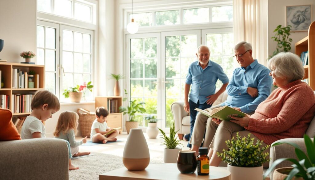 A warm and inviting home interior with natural light streaming through large windows, showcasing a cozy living room space. In the foreground, a family is gathered together, engaged in various wellness activities - a parent doing gentle yoga while a child plays nearby, another child reading a book, and grandparents sharing a relaxed conversation. The middle ground features a well-stocked bookshelf, a diffuser with soothing essential oils, and a few potted plants, creating a sense of serenity and balance. The background depicts a lush, verdant outdoor scene, hinting at the connection between indoor and outdoor wellbeing. The overall atmosphere is one of comfort, care, and the nurturing of both physical and mental health. A warm and inviting home interior with natural light streaming through large windows, showcasing a cozy living room space. In the foreground, a family is gathered together, engaged in various wellness activities - a parent doing gentle yoga while a child plays nearby, another child reading a book, and grandparents sharing a relaxed conversation. The middle ground features a well-stocked bookshelf, a diffuser with soothing essential oils, and a few potted plants, creating a sense of serenity and balance. The background depicts a lush, verdant outdoor scene, hinting at the connection between indoor and outdoor wellbeing. The overall atmosphere is one of comfort, care, and the nurturing of both physical and mental health.
