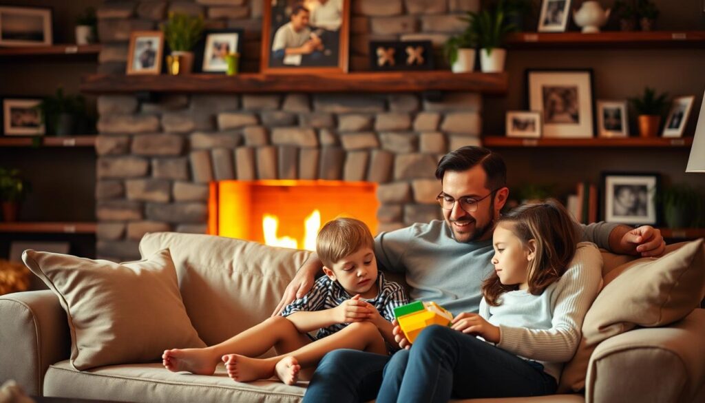 A warm, cozy family living room with a fireplace in the background, illuminating the space with a soft, golden glow. In the foreground, a parents and their two children - a boy and a girl - gathered together on a plush sofa, sharing a relaxed moment. The children are playing with toys, while the parents are engaged in a conversation, expressions reflecting a sense of contentment and security. Framed family photos and potted plants adorn the shelves, adding to the homely, welcoming atmosphere. The overall scene conveys a sense of comfort, togetherness and the nurturing environment of a family home. A warm, cozy family living room with a fireplace in the background, illuminating the space with a soft, golden glow. In the foreground, a parents and their two children - a boy and a girl - gathered together on a plush sofa, sharing a relaxed moment. The children are playing with toys, while the parents are engaged in a conversation, expressions reflecting a sense of contentment and security. Framed family photos and potted plants adorn the shelves, adding to the homely, welcoming atmosphere. The overall scene conveys a sense of comfort, togetherness and the nurturing environment of a family home.