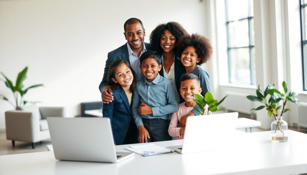A warm, inviting family portrait set against a vibrant, modern office backdrop. In the foreground, a happy, diverse family of four - parents and two young children - smiling and embracing. They are dressed in smart, professional attire, conveying a sense of security and stability. The middle ground features a sleek, minimalist desk with a laptop, paperwork, and a potted plant, hinting at the practical considerations of family health insurance. The background is a softly blurred office setting, filled with neutral-toned furnishings and natural light streaming through large windows. The overall mood is one of comfort, confidence, and a family's well-being being prioritized. A warm, inviting family portrait set against a vibrant, modern office backdrop. In the foreground, a happy, diverse family of four - parents and two young children - smiling and embracing. They are dressed in smart, professional attire, conveying a sense of security and stability. The middle ground features a sleek, minimalist desk with a laptop, paperwork, and a potted plant, hinting at the practical considerations of family health insurance. The background is a softly blurred office setting, filled with neutral-toned furnishings and natural light streaming through large windows. The overall mood is one of comfort, confidence, and a family's well-being being prioritized.
