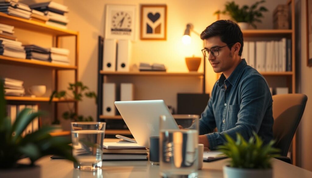 A warm, inviting interior scene depicting a person working on a laptop at a home office desk, surrounded by shelves of financial documents and insurance-related materials. Soft, diffused lighting illuminates the scene, creating a sense of comfort and security. In the foreground, a glass of water and a potted plant add natural elements. The overall atmosphere conveys a feeling of financial stability and protection, aligned with the concept of "income protection insurance." A warm, inviting interior scene depicting a person working on a laptop at a home office desk, surrounded by shelves of financial documents and insurance-related materials. Soft, diffused lighting illuminates the scene, creating a sense of comfort and security. In the foreground, a glass of water and a potted plant add natural elements. The overall atmosphere conveys a feeling of financial stability and protection, aligned with the concept of "income protection insurance."