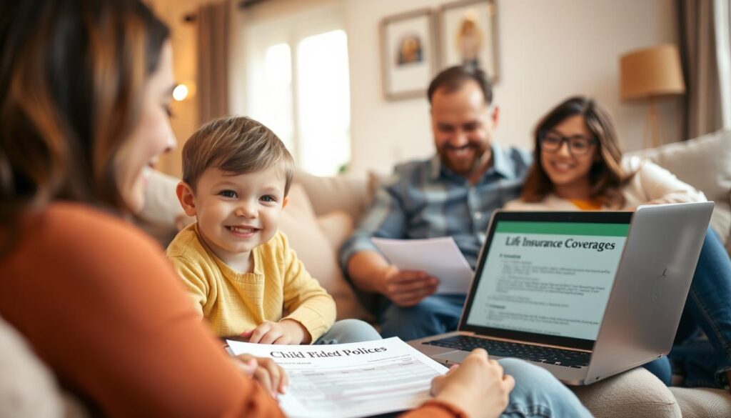 A warm, inviting scene of a family reviewing life insurance coverage options for their child. In the foreground, a young, smiling child sits on the couch, surrounded by caring parents. In the middle ground, financial documents and a laptop display information about child rider policies, while in the background, a cozy, well-lit living room sets the scene. Soft, natural lighting illuminates the faces of the family, conveying a sense of security and protection. The composition is balanced and the mood is one of optimism and diligence in securing the family's financial future. A warm, inviting scene of a family reviewing life insurance coverage options for their child. In the foreground, a young, smiling child sits on the couch, surrounded by caring parents. In the middle ground, financial documents and a laptop display information about child rider policies, while in the background, a cozy, well-lit living room sets the scene. Soft, natural lighting illuminates the faces of the family, conveying a sense of security and protection. The composition is balanced and the mood is one of optimism and diligence in securing the family's financial future.